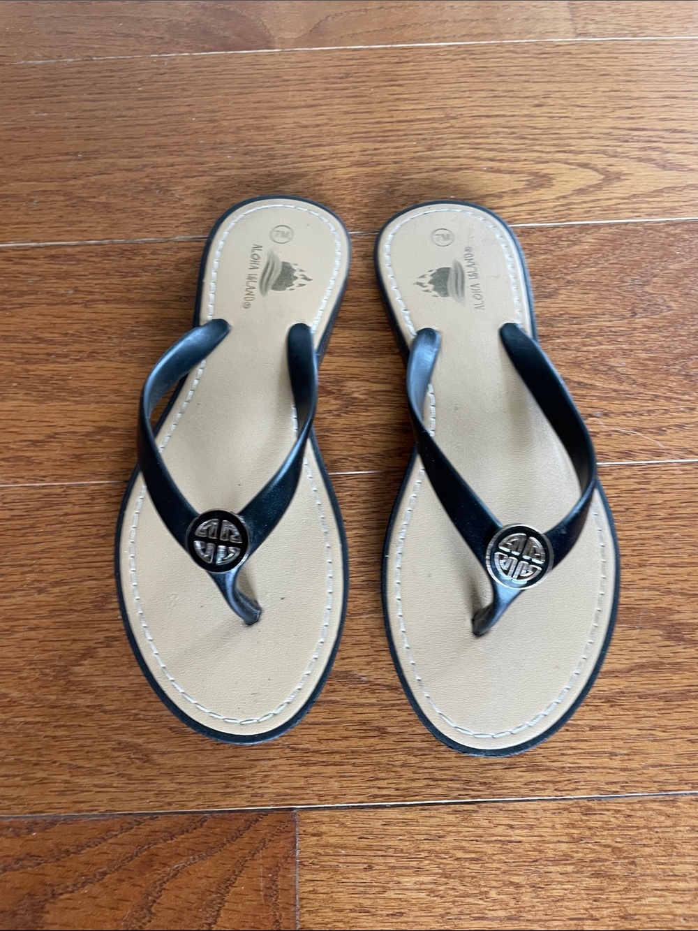 Aloha Island Black Strap Flip Flop Sandals with Tan Footbed